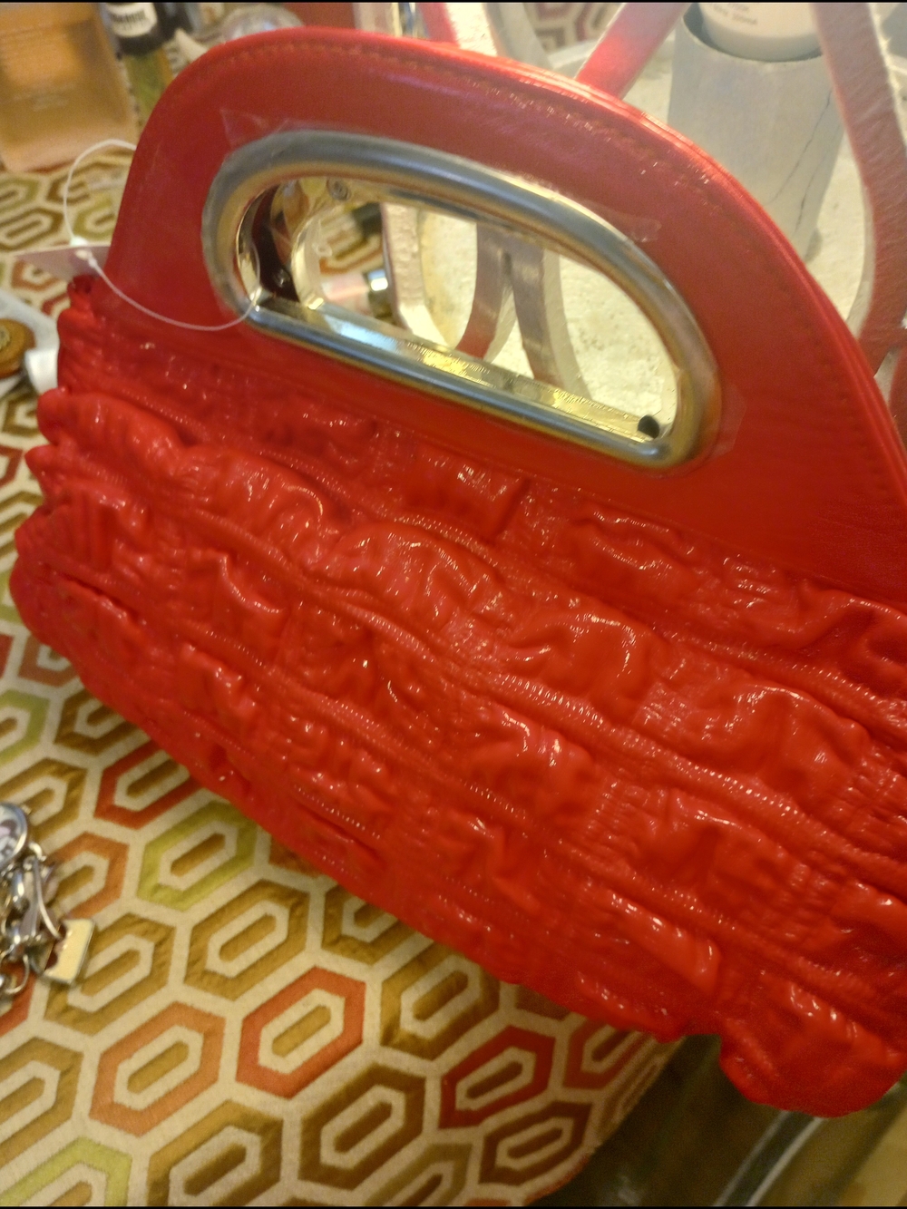 Red Ruffled Handbag with Silver Accent - Picture 6 of 14